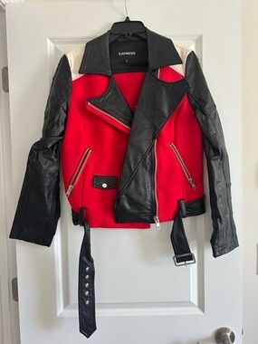 Express Red and Black Colorblock Moto Jacket with Belt